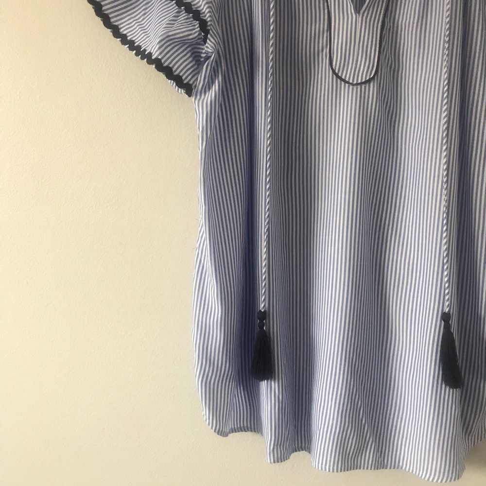 Striped Tassel Tie Flutter Sleeve Top - Light Blue - Picture 4 of 8
